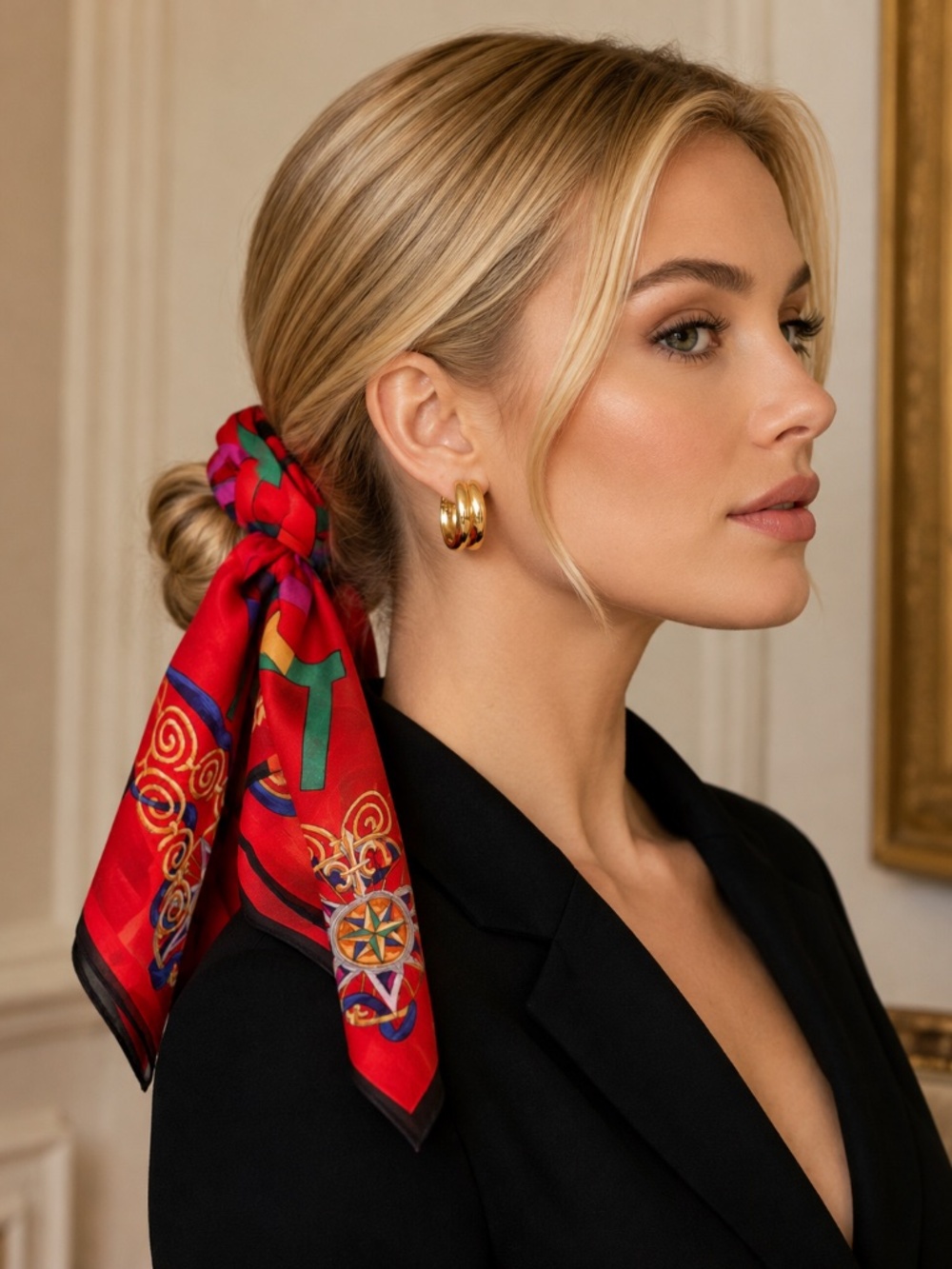 CELINE Vintage Monogram Silk-Cotton Scarf – Red Multicolor Logo Print